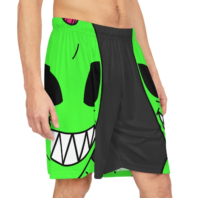 Spiked Pink Hair Muscle Big Smile Green Alien Visitor Basketball Shorts