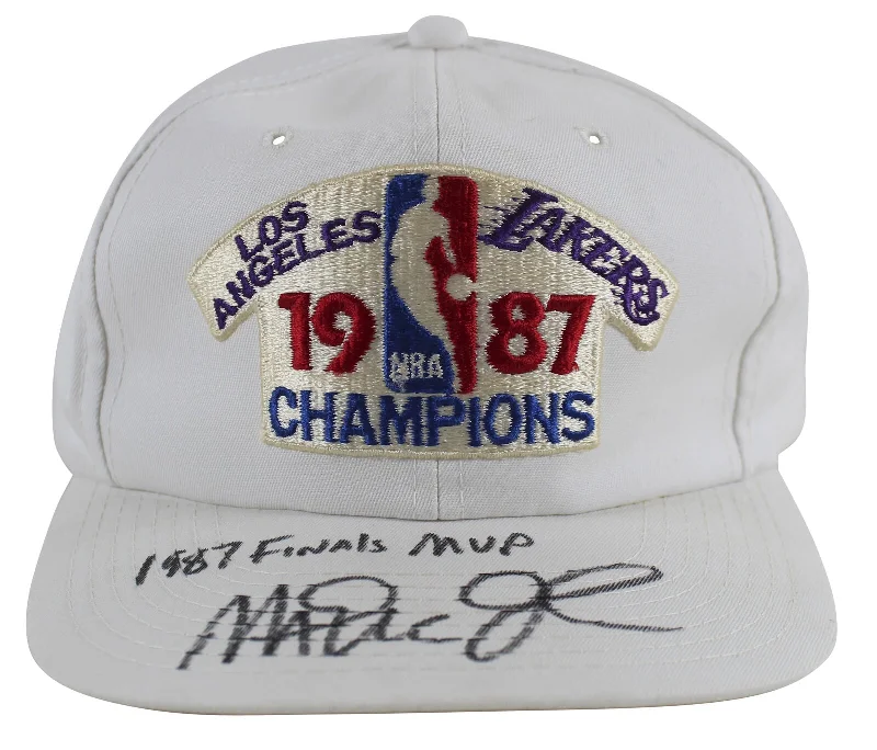 Lakers Magic Johnson "1987 Finals MVP" Signed 1987 World Champ White Hat BAS Wit