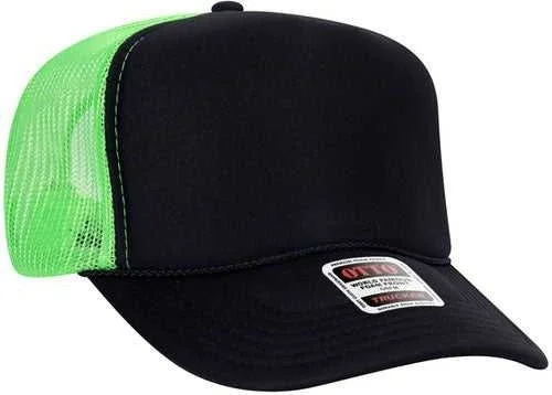 Otto 39-165 5 Panel Foam High Crown Mesh Back Trucker Snapback Cap - Black Black Neon Green